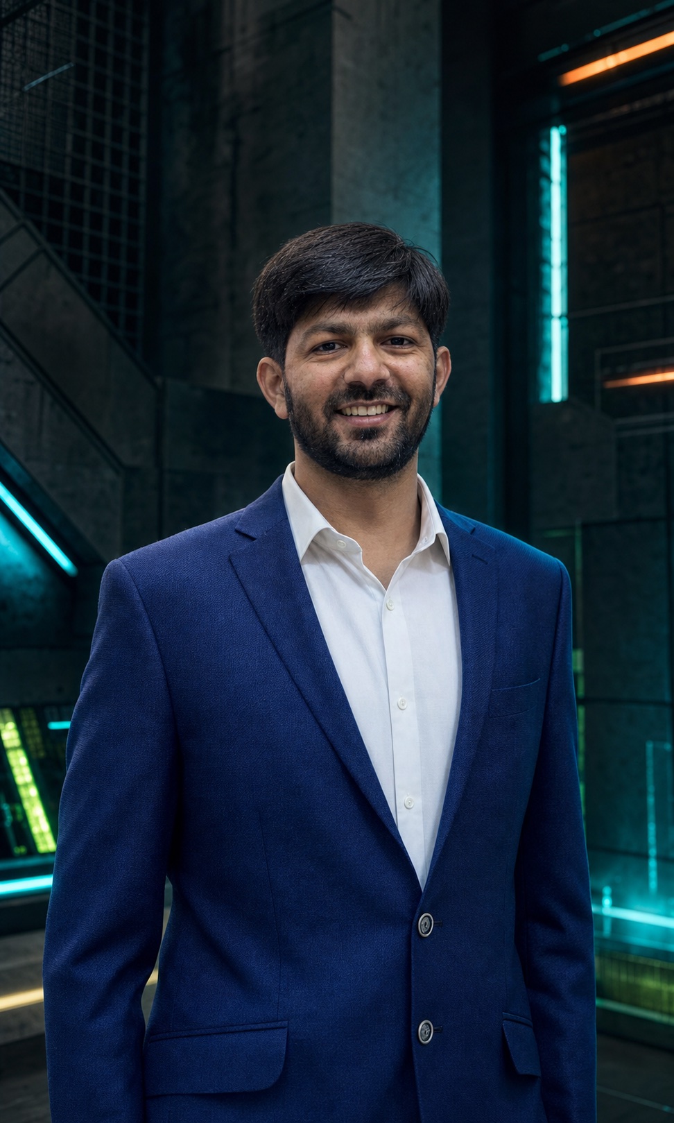 Portrait of Mayur in a navy suit against a dark cyan-lit background